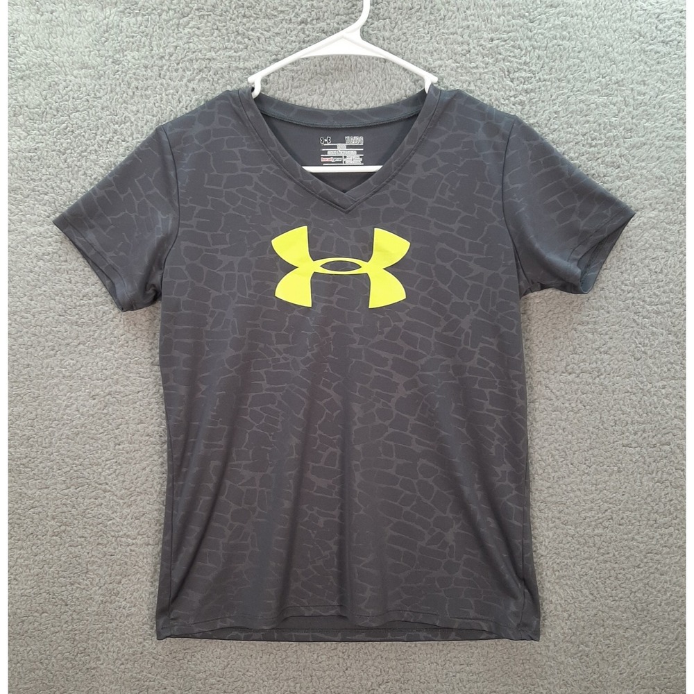 Under Armour Shirt Youth Large Gray Yellow Loose Fit Heat Gear Sports Athleisure
